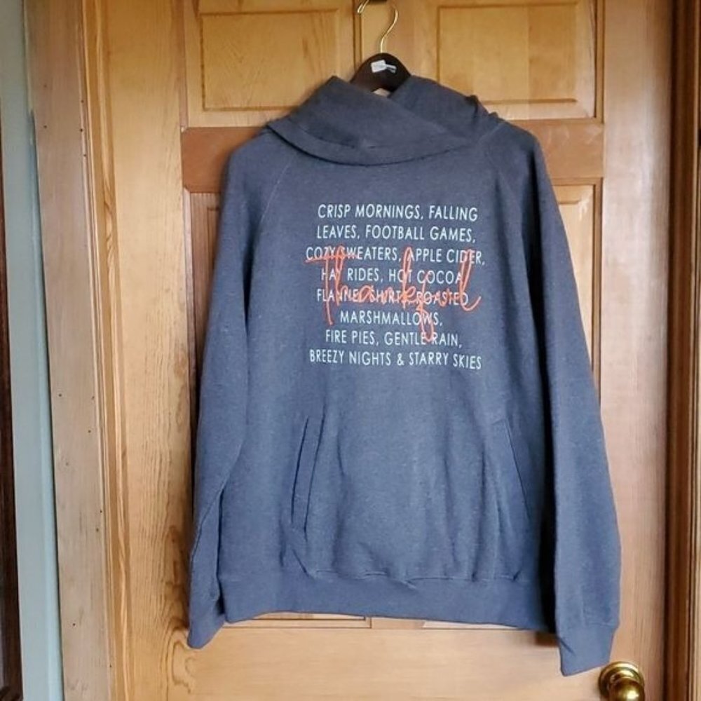 Enza Graphic Fall Graphics "Thankful" Sz XL Gray Unique Collared Hoodie w Pocket